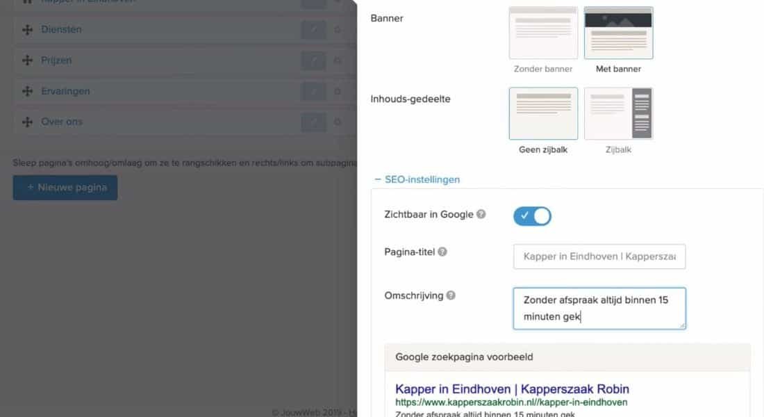 JouwWeb SEO instellingen dashboard voor Google optimalisatie