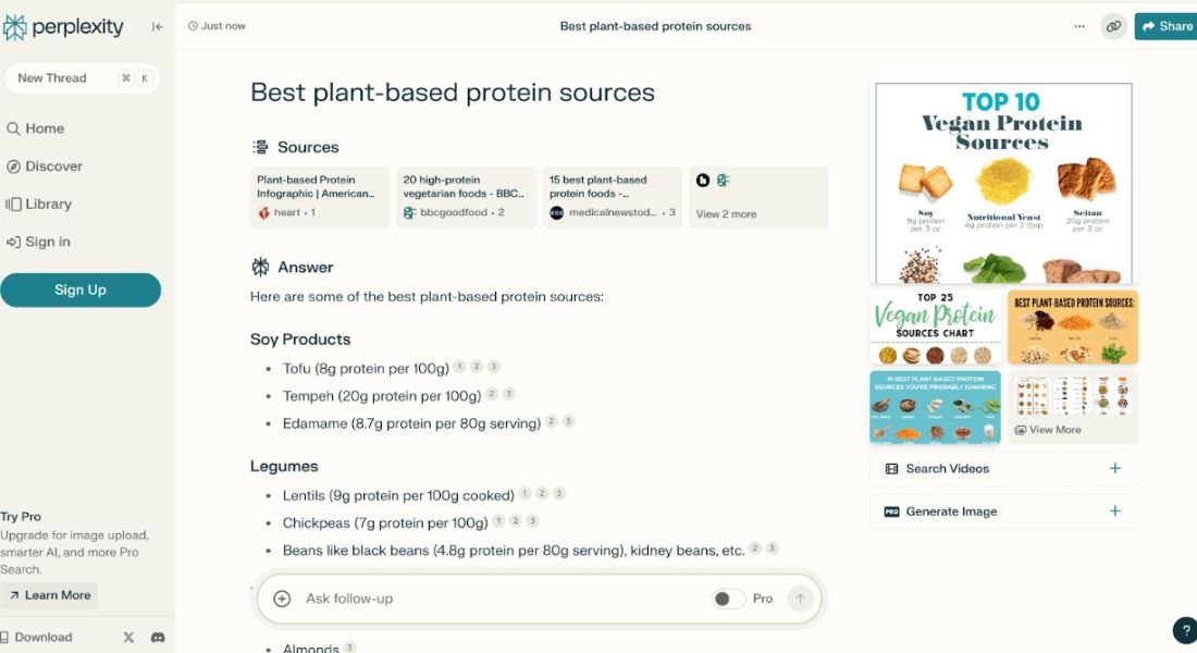 Perplexity review Pro Search interface voorbeeld met bronvermelding