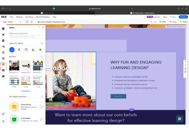 Wix editor interface screenshot - drag and drop website builder