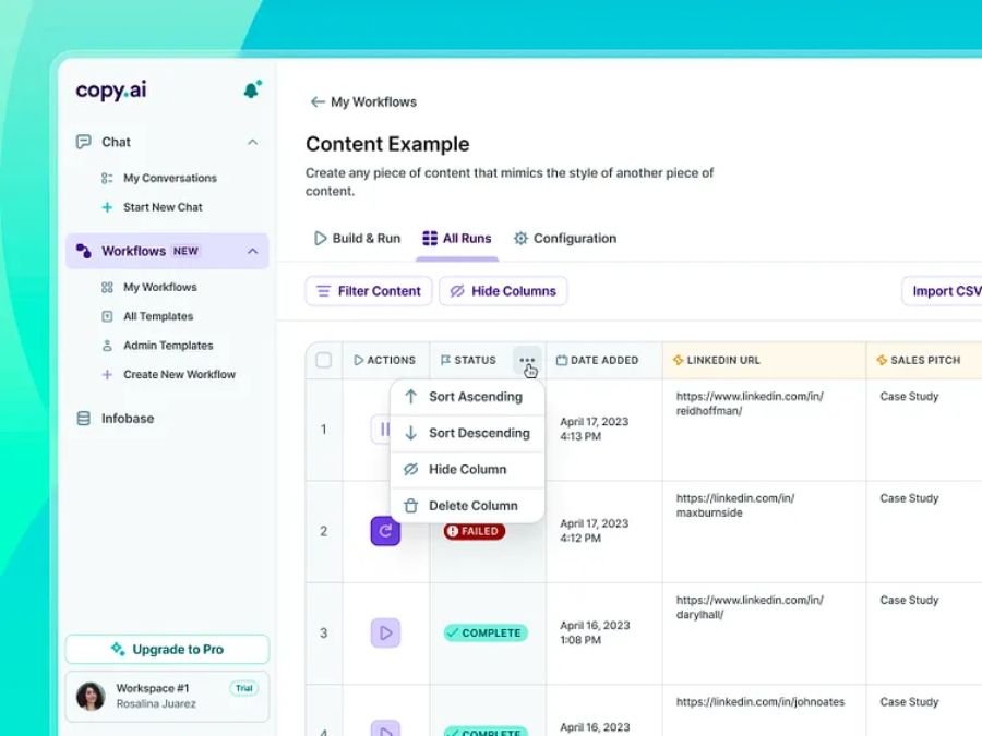 Copy.ai review workflows interface voorbeeld voor automatisering