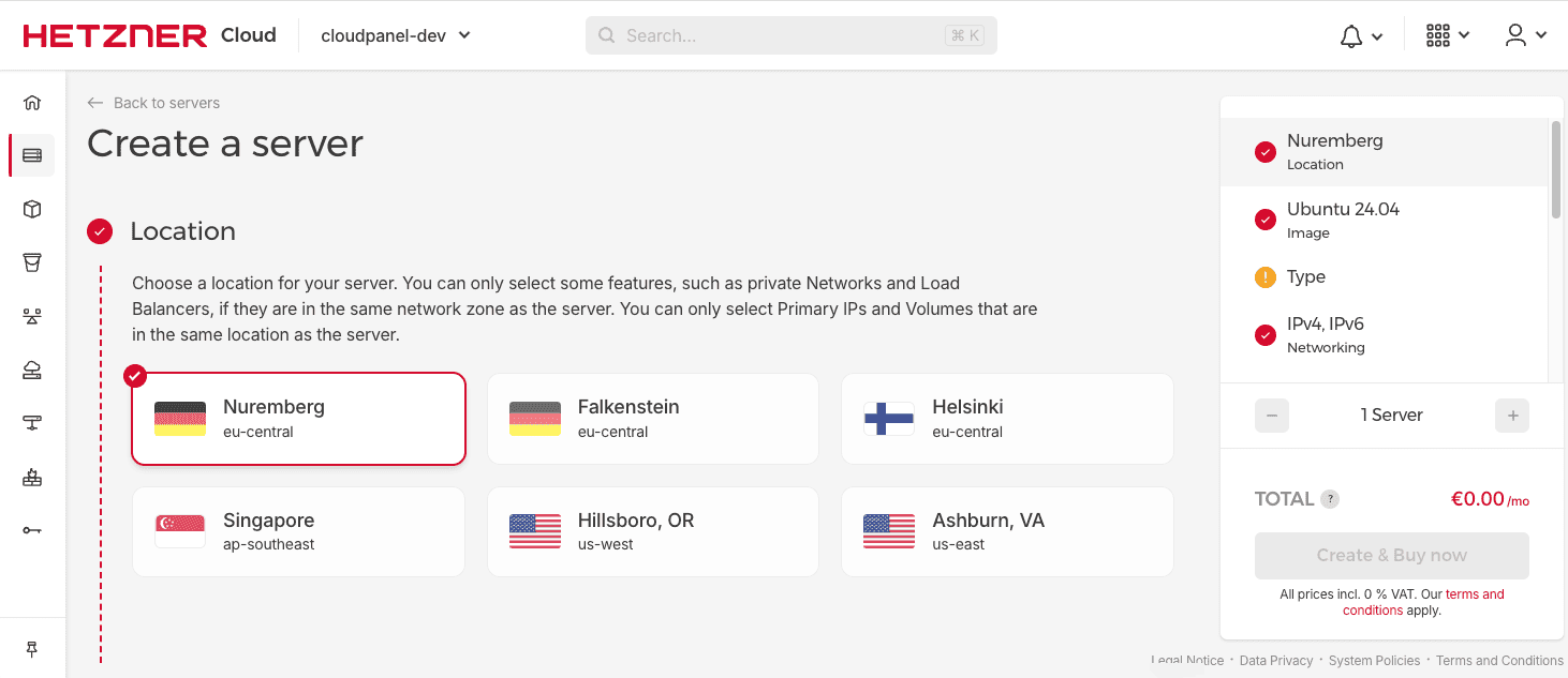 OpenClaw op Hetzner server aanmaken - locatie en plan kiezen