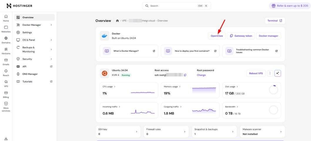 Hostinger OpenClaw template selecteren